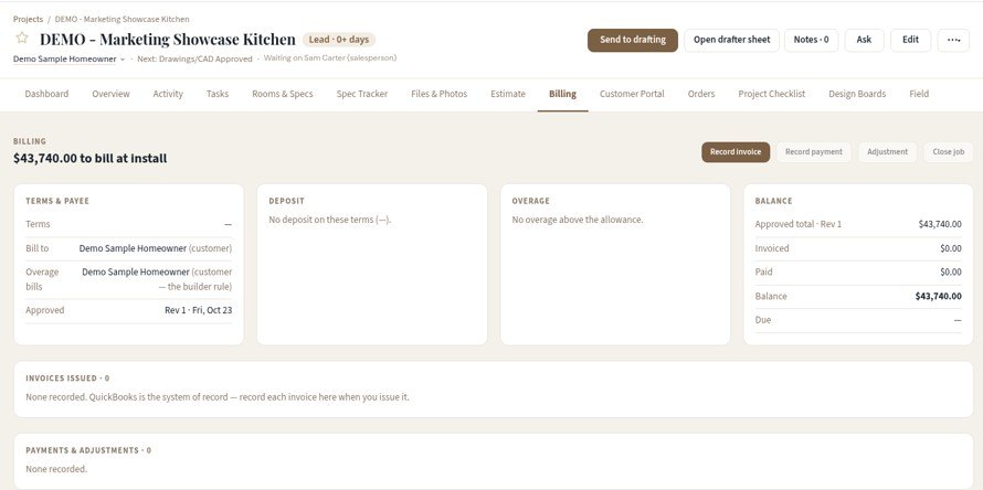 Project billing tab with terms, deposit, overage and balance