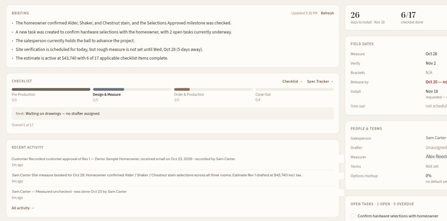 Job dashboard with AI briefing, checklist progress and recent activity