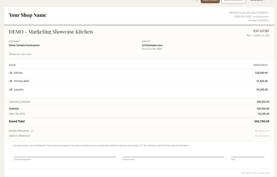 Estimate for a sample kitchen with room prices, subtotal, tax and grand total